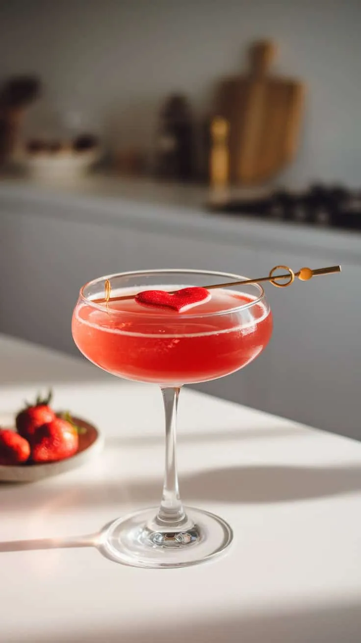 A Love Potion Martini cocktail garnished with a heart-shaped decoration, sitting on a table with fresh strawberries.