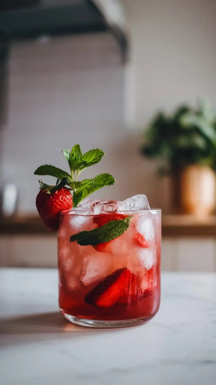 A close-up of a Mint Strawberry Moscow Mule Cocktail with mint leaves and strawberries