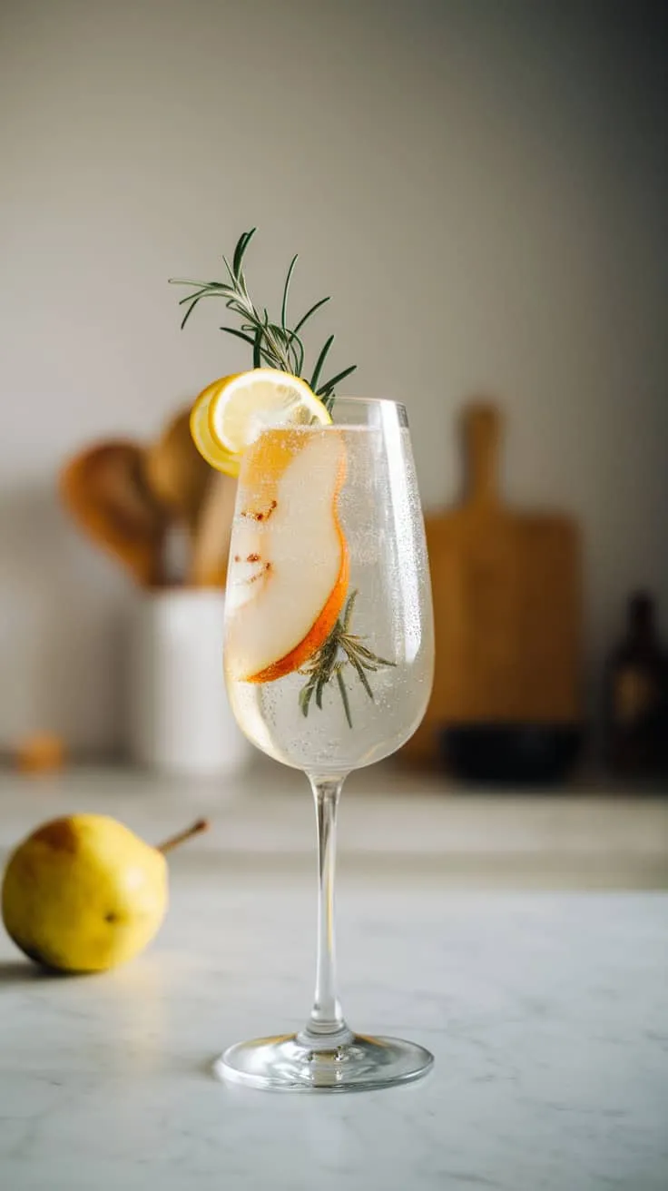 A refreshing Pear Prosecco Cocktail garnished with pear slices and rosemary.