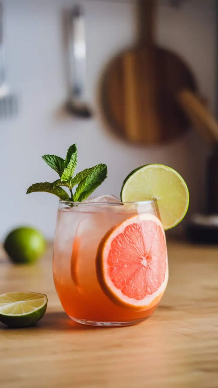 A refreshing Grapefruit Moscow Mule cocktail in a glass with ice, garnished with grapefruit and lime slices, and mint.