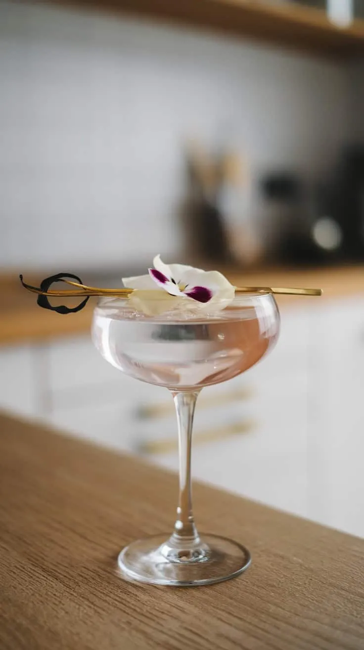 A Vanilla Rose Martini in a sleek glass with a flower garnish