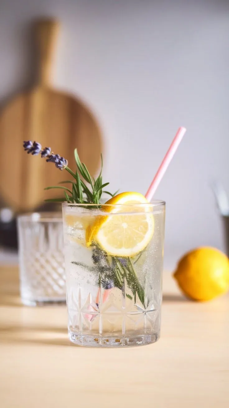 A refreshing Lavender Lemon Collins cocktail with lemon slices and lavender garnish.