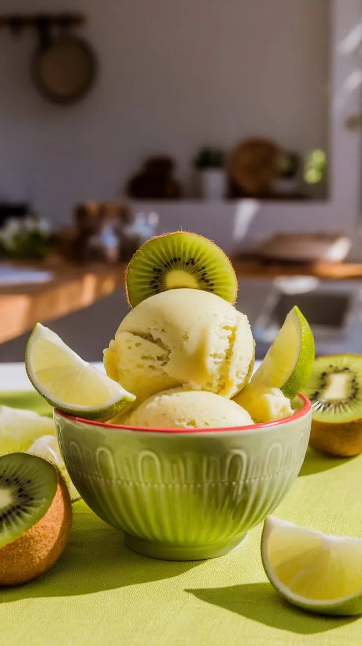 A bowl of kiwi lime sorbet topped with lime slices and kiwi, surrounded by fresh ingredients.