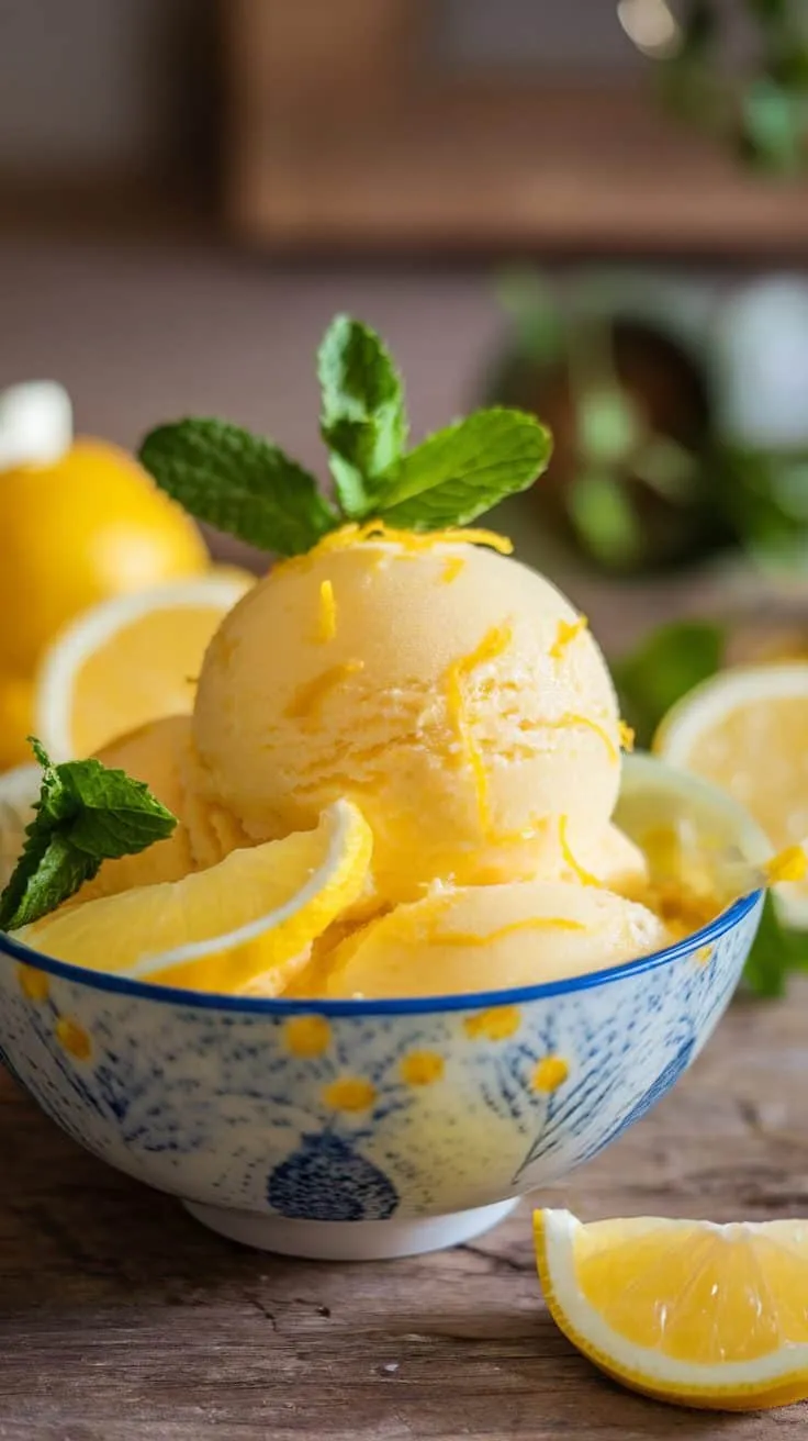 A bowl of lemon zest sorbet garnished with mint leaves and lemon slices.