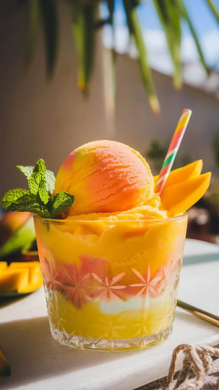 A vibrant mango sorbet served in a glass with mint leaves and mango slices.