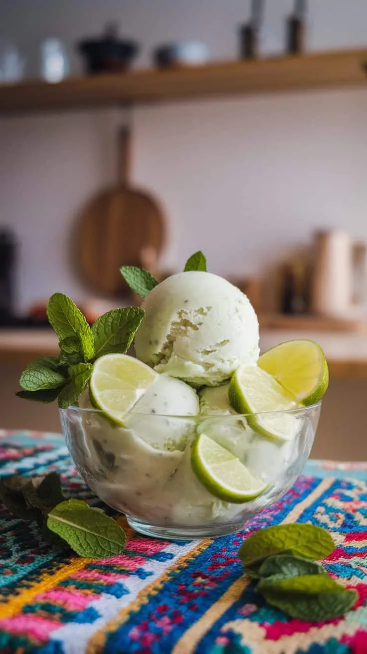A bowl of mint lime sorbet topped with lime slices and mint leaves.