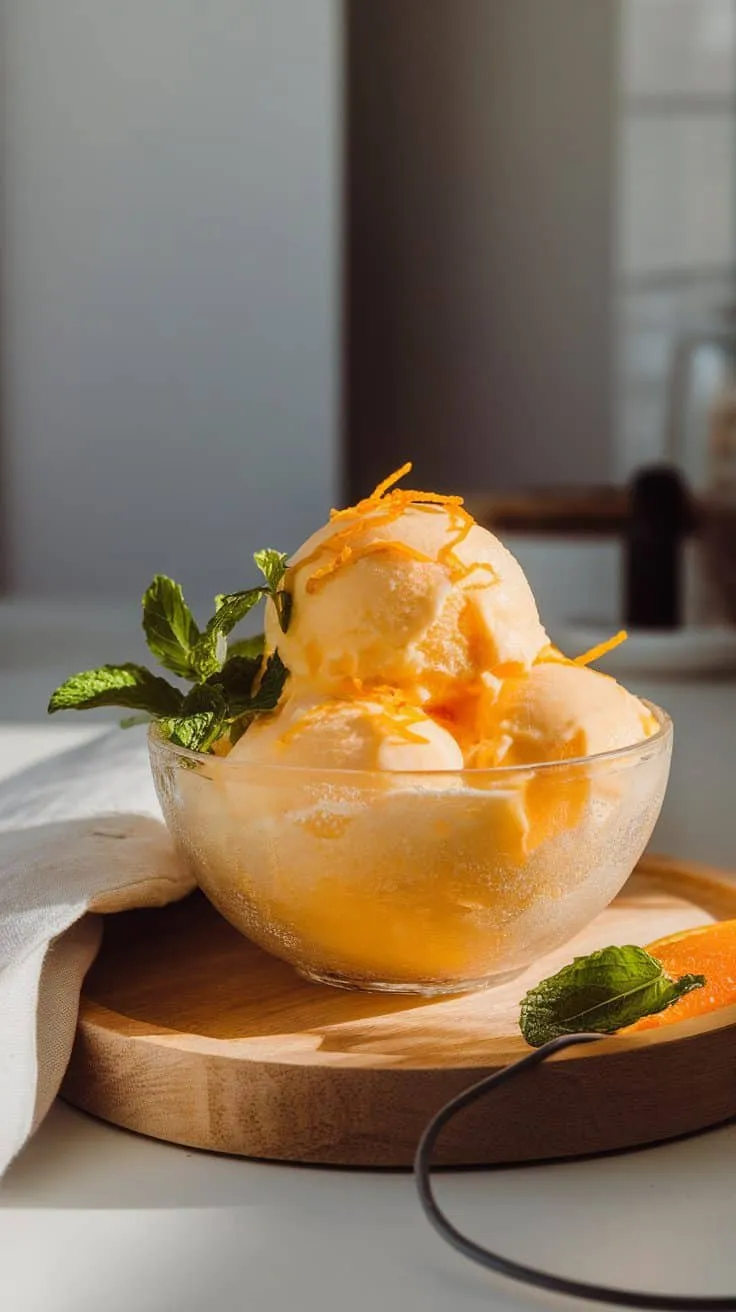 A bowl of orange cream sorbet garnished with mint leaves.