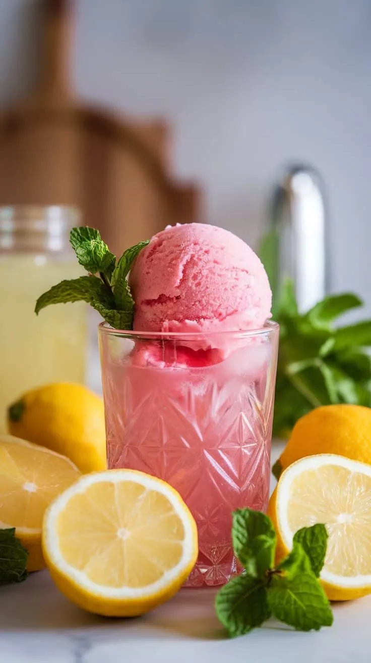 A glass of pink lemonade sorbet topped with mint leaves, surrounded by fresh lemons and mint.