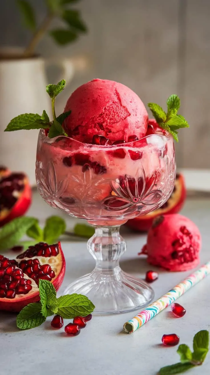 A beautiful serving of pomegranate punch sorbet in a decorative glass with mint leaves and pomegranate seeds.