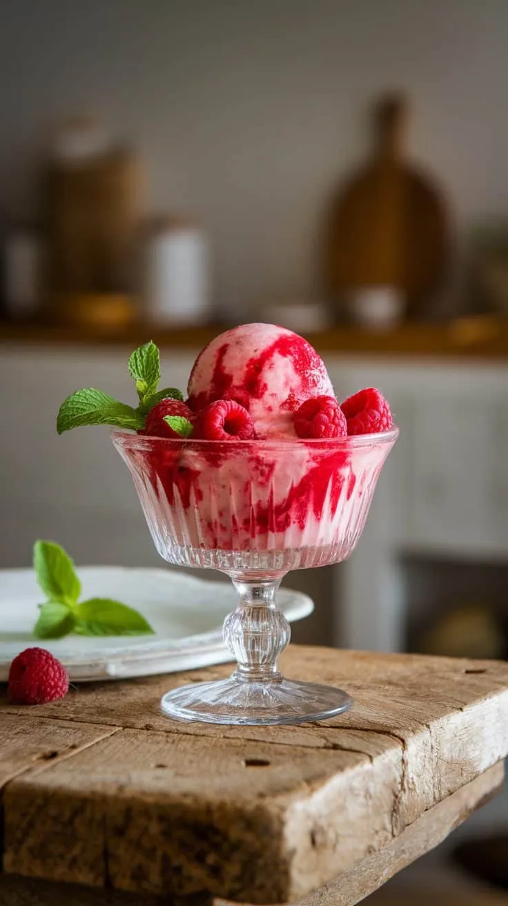 A bowl of Raspberry Ripple Sorbet topped with fresh raspberries and mint leaves.