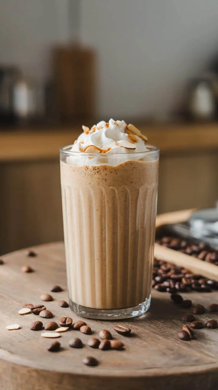 A creamy almond coffee smoothie topped with whipped cream and almond slivers, placed on a wooden table surrounded by coffee beans.