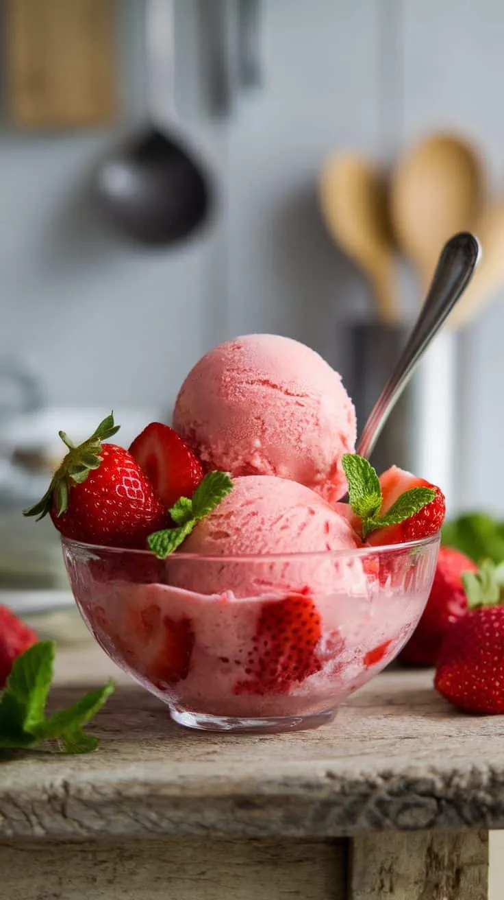 A bowl of strawberry sorbet garnished with fresh strawberries and mint leaves.