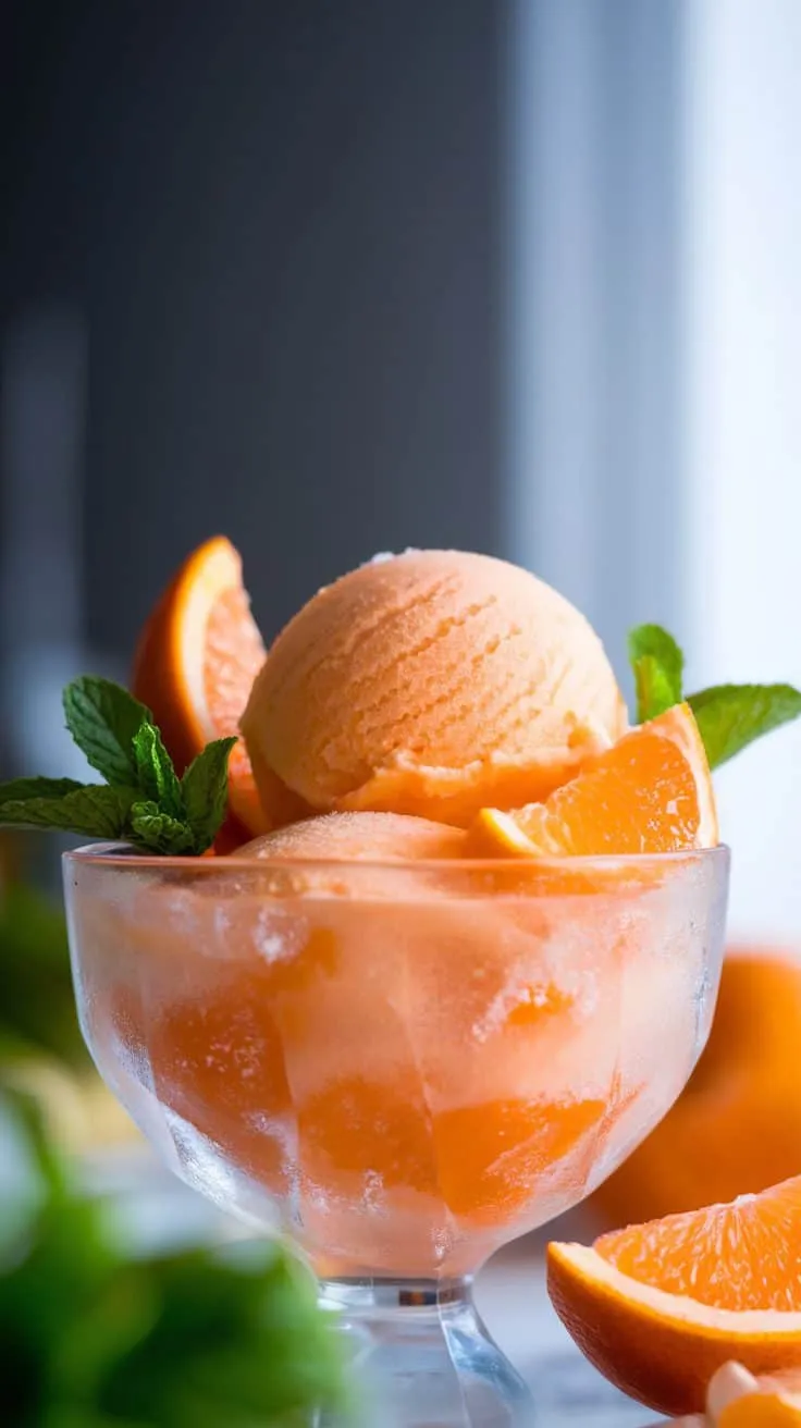A bowl of tangerine sorbet garnished with orange slices and mint leaves