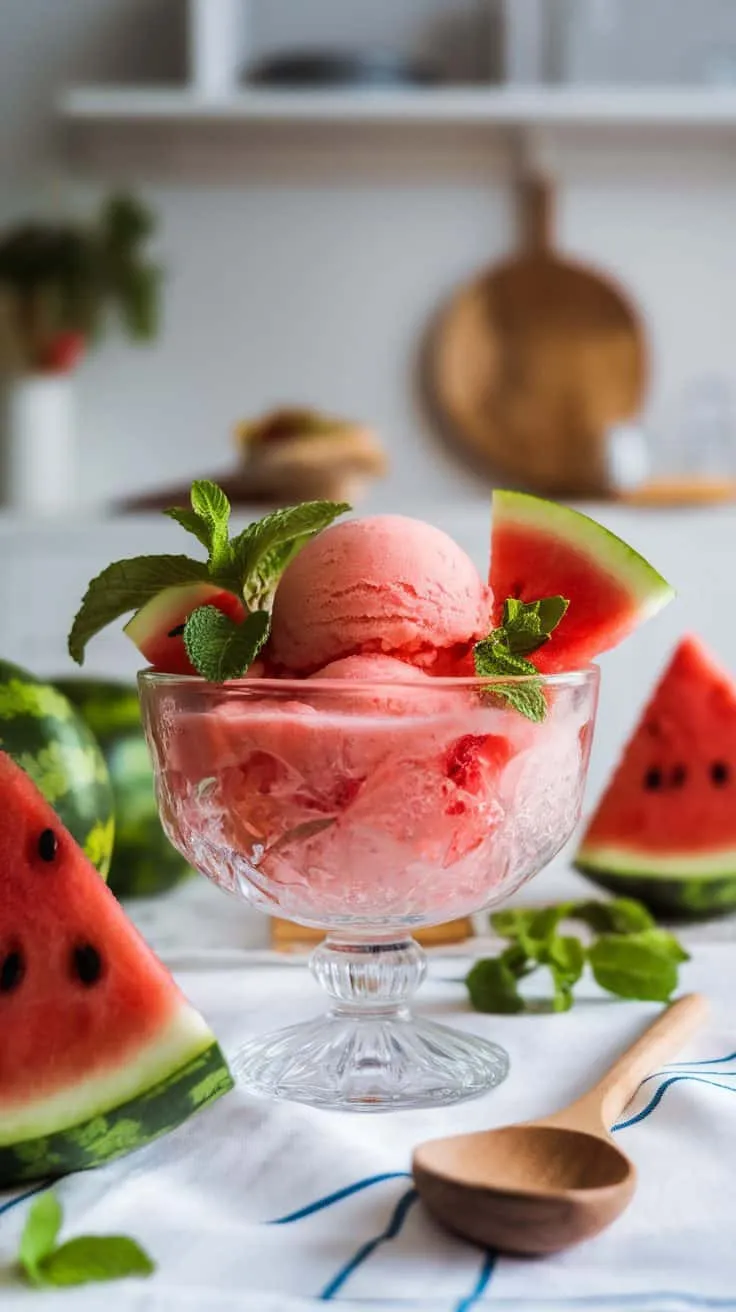 A bowl of pink watermelon sorbet garnished with mint leaves and watermelon slices.