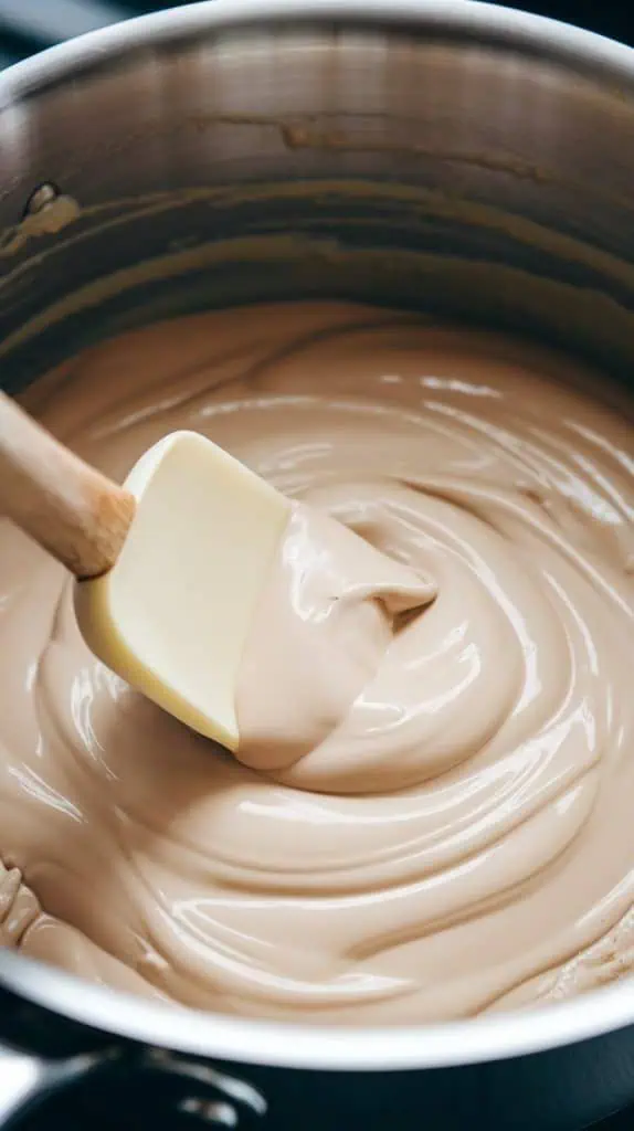A super close-up shot of a spatula stirring melted white chocolate, sweetened condensed milk, and butter