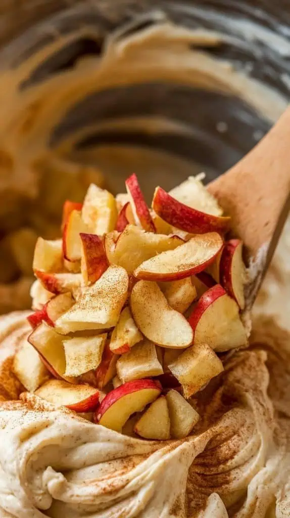 A super close-up shot of finely chopped dried apples and cinnamon being folded into the creamy white fudge mixture