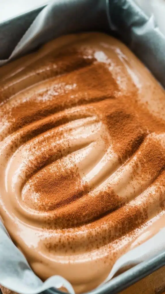 A super close-up shot of cinnamon being dusted over the surface of the fudge,