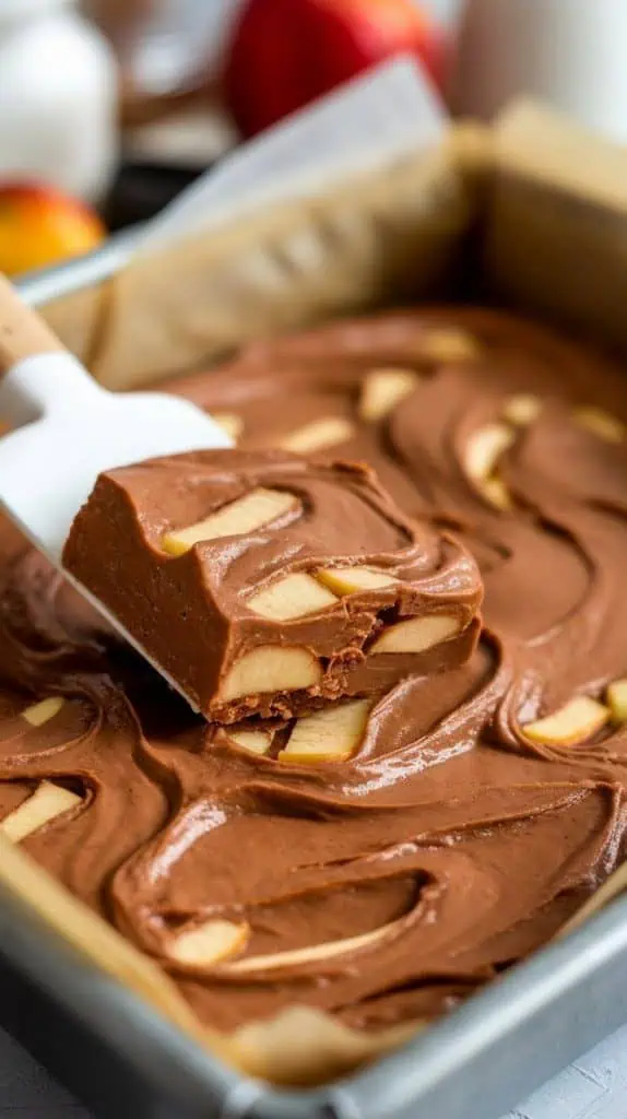 
AI Image Generator Prompt: A super close-up shot of a spatula spreading thick apple cinnamon fudge into a parchment-lined baking dish