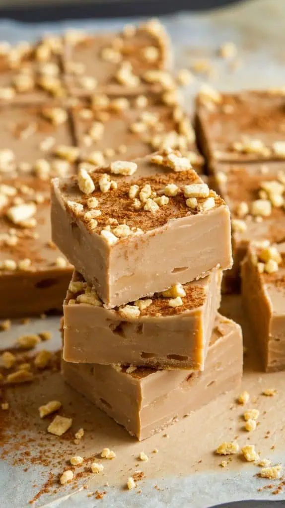 A super close-up, top-down shot of Apple Pie Fudge squares stacked on parchment paper