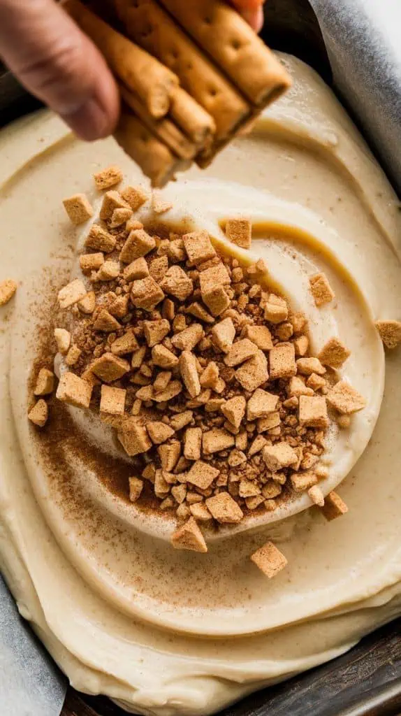 A super close-up, top-down shot of crushed graham crackers and cinnamon being sprinkled over the fudge