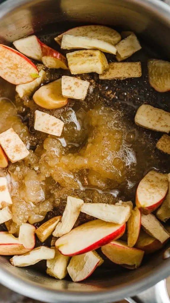 A super close-up, top-down shot of finely chopped dried apples, brown sugar, and melted butter simmering
