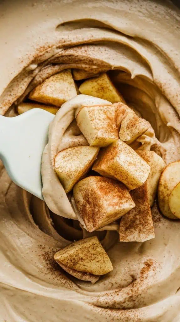 A super close-up, top-down shot of a spatula folding soft cinnamon-spiced apple pieces into the creamy white fudge