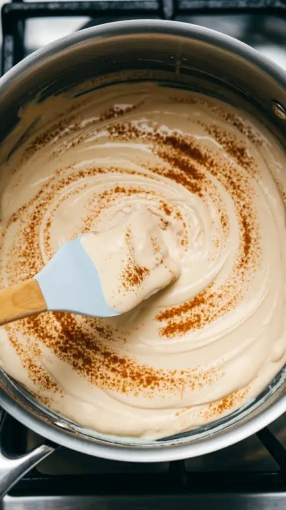 A super close-up, top-down shot of a spatula stirring melted white chocolate, sweetened condensed milk, and butter
