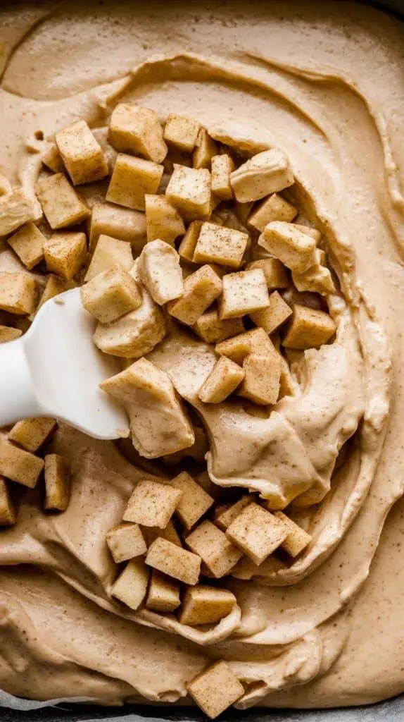 A super close-up, top-down shot of a spatula spreading thick apple cinnamon fudge into a parchment-lined baking dish
