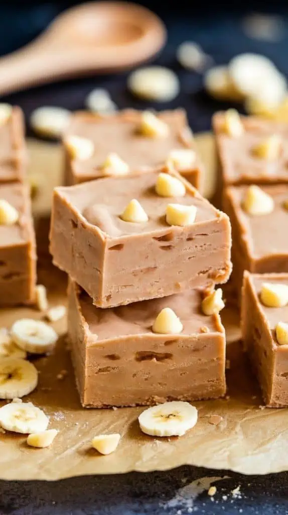 A super close-up shot of Banana Fudge squares stacked on parchment paper