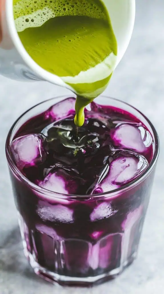 A super close-up, top-down shot of vibrant green matcha being poured over the deep purple blueberry layer