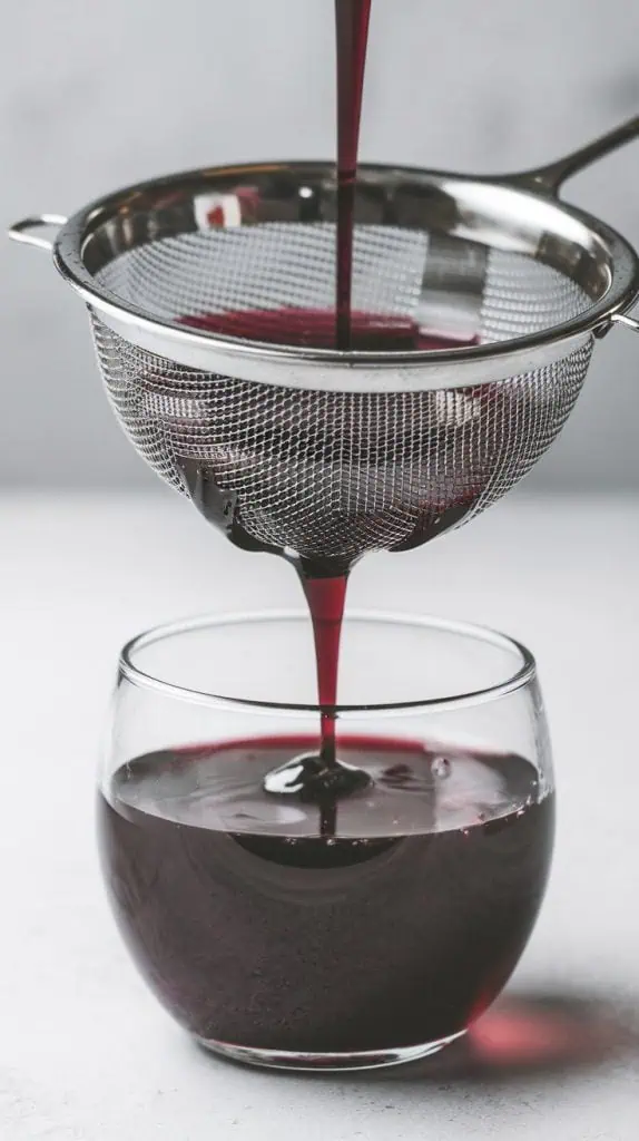 A super close-up, top-down shot of deep purple blueberry syrup being strained into a small glass