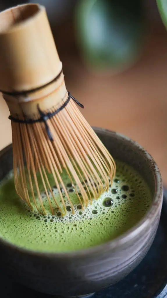A super close-up, top-down shot of a bamboo whisk frothing vibrant green matcha in a small bowl