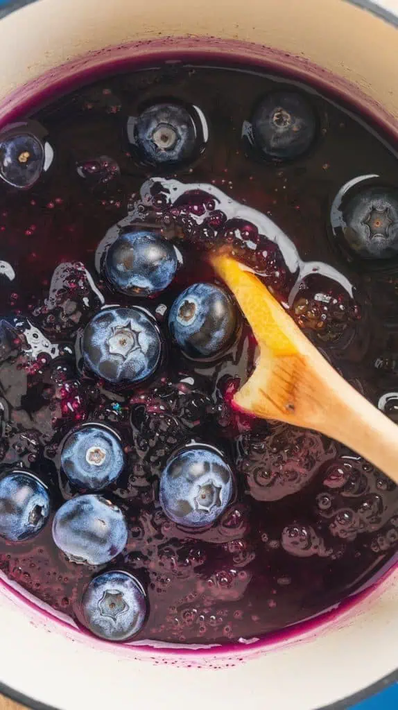 A super close-up, top-down shot of blueberries, honey, and lemon juice simmering in a small saucepan