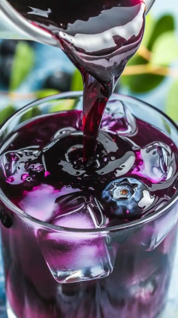  A super close-up, top-down shot of deep purple blueberry puree being poured over ice in a clear glass