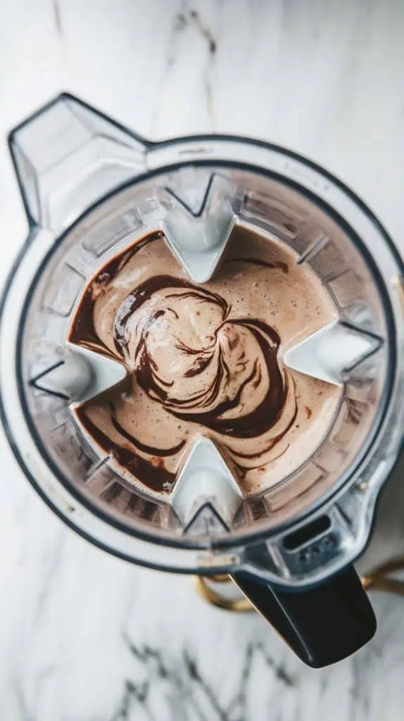 A super close-up shot of a blender mid-blend, the ingredients swirling into a thick, frothy, chocolate-streaked milkshake