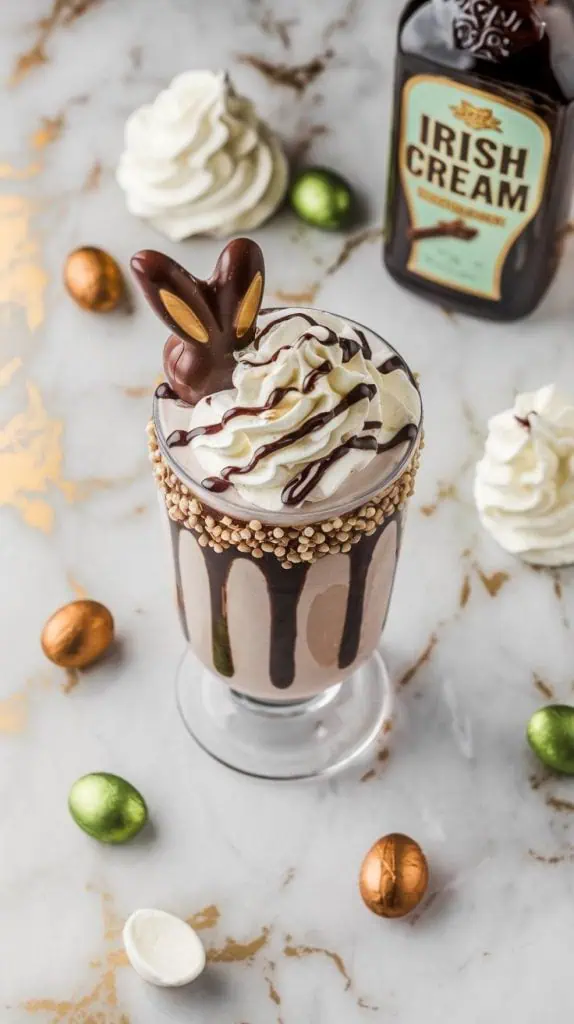 A super close-up shot of a Boozy Bunny Shake topped with a swirl of fluffy whipped cream, a glossy drizzle of chocolate syrup, and a small chocolate bunny resting on the edge of the glass