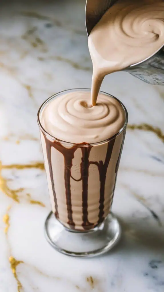  super close-up shot of a thick, creamy milkshake being poured into a tall, chocolate-drizzled glass, the smooth texture forming a slight swirl on top
