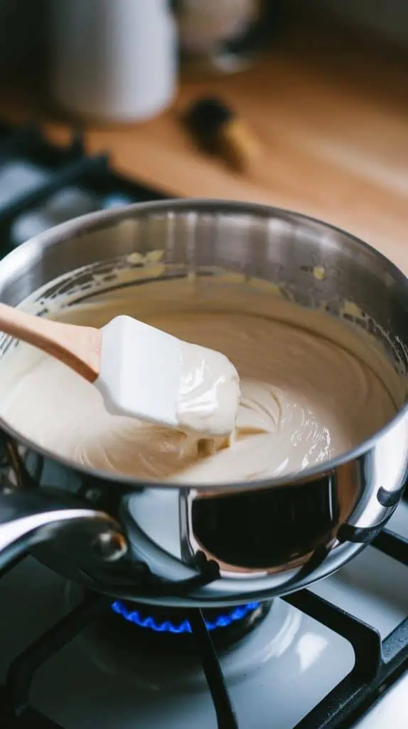 A super close-up shot of a spatula stirring melted white chocolate, sweetened condensed milk, and butter in a saucepan
