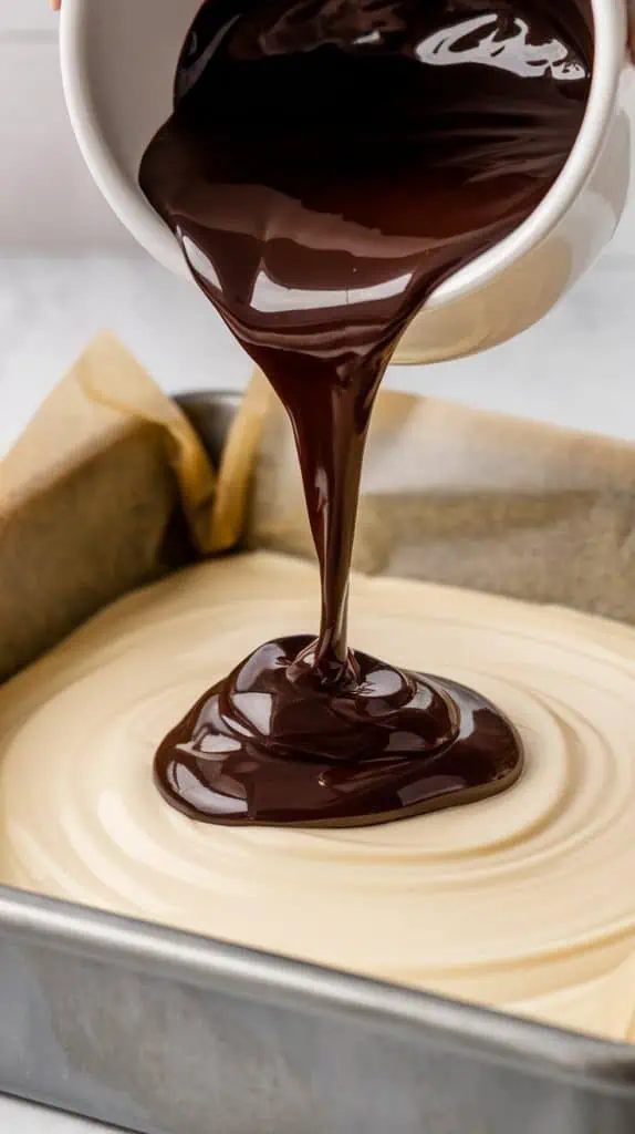 A super close-up shot of glossy chocolate ganache being poured over the vanilla fudge