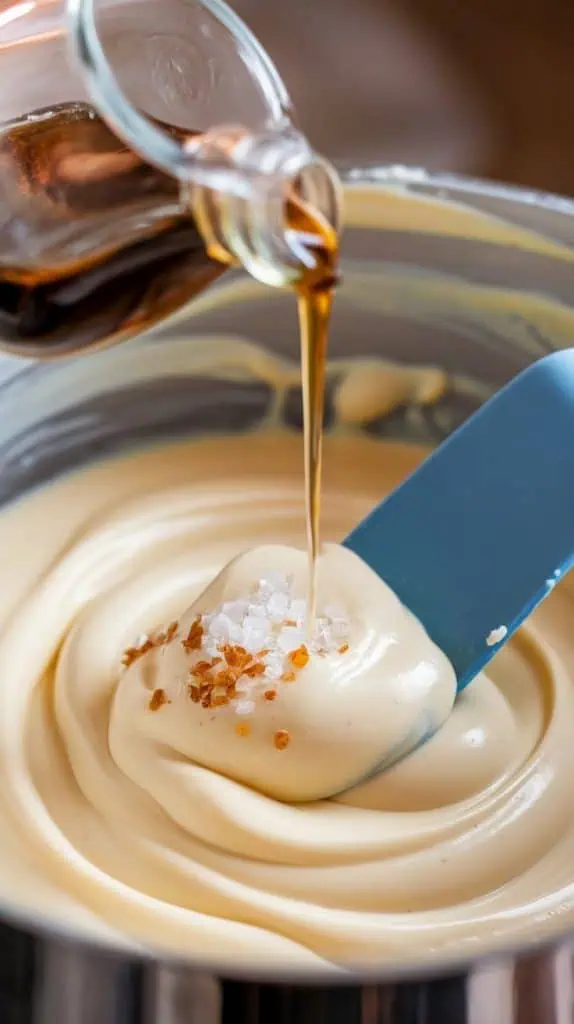 A super close-up shot of vanilla extract being poured into the creamy white chocolate mixture