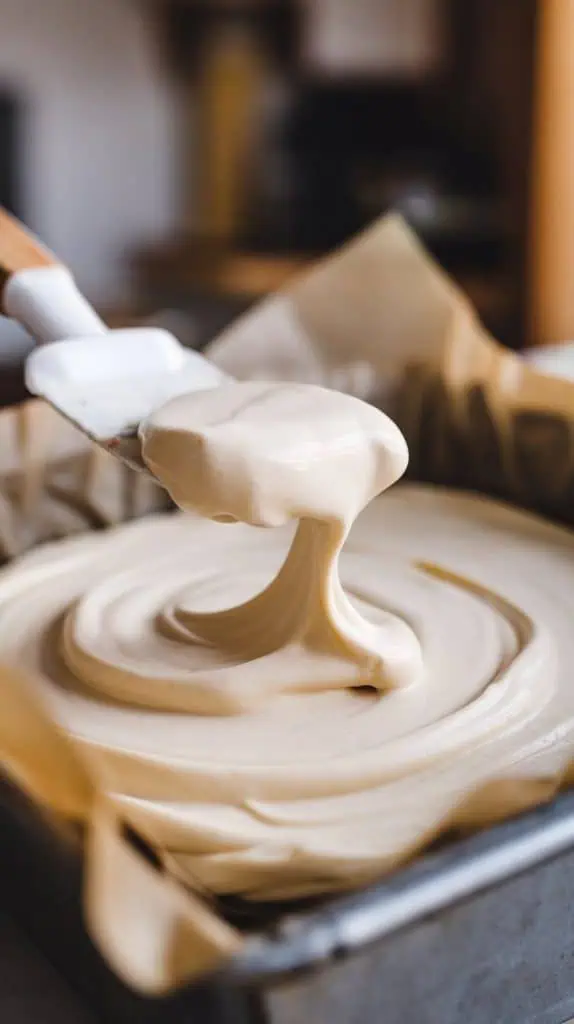 A super close-up shot of a spatula spreading thick vanilla fudge into a parchment-lined baking dish