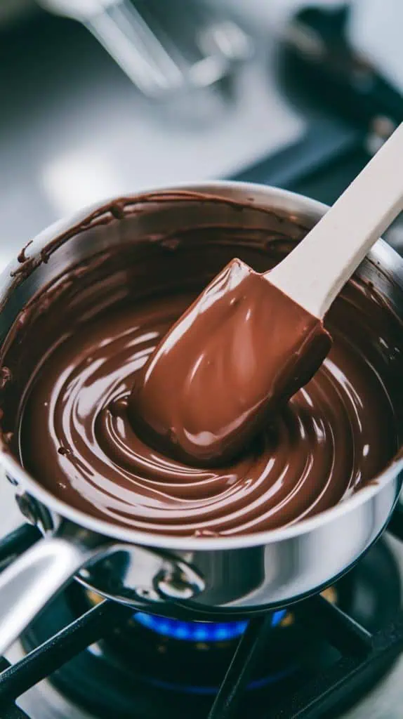 A super close-up shot of a spatula stirring melted chocolate ganache in a small saucepan,