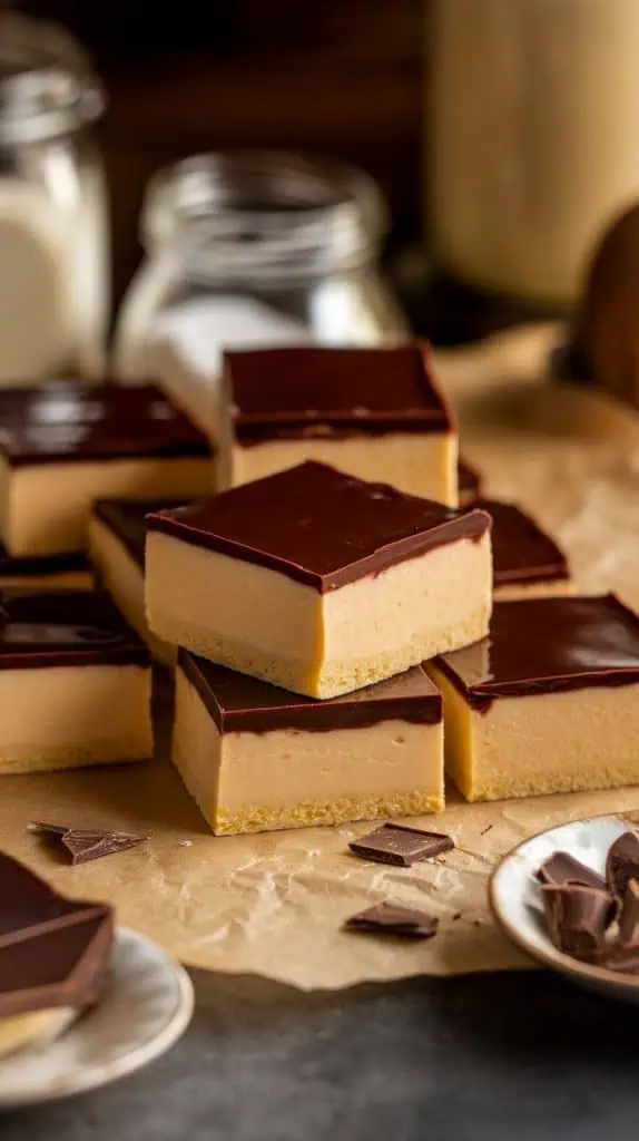 A super close-up shot of Boston Cream Pie Fudge squares stacked on parchment paper,