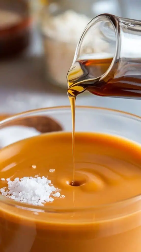 A super close-up shot of a drop of vanilla extract being poured into the melted butterscotch mixture