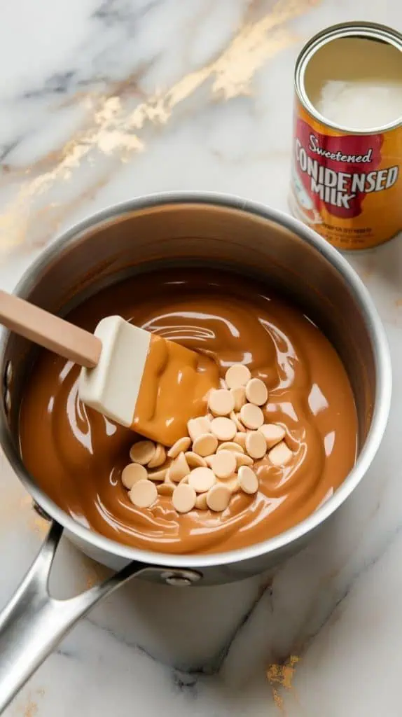 A super close-up shot of a spatula stirring melted butterscotch and white chocolate chips