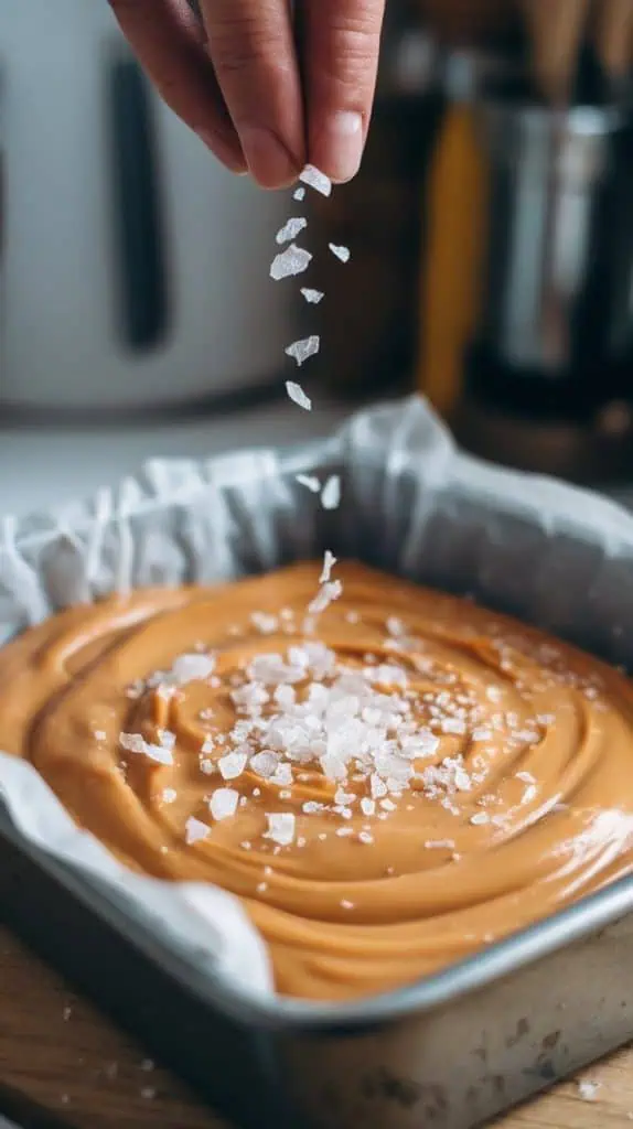 A super close-up shot of flaky sea salt being sprinkled over glossy butterscotch fudge