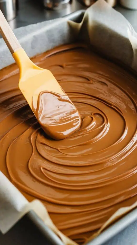 A super close-up shot of a spatula spreading smooth butterscotch fudge into a parchment-lined baking dish