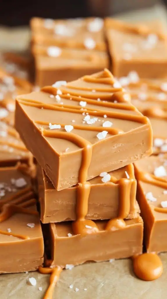  A super close-up shot of Butterscotch Fudge squares stacked on parchment paper, drizzled with melted butterscotch and sprinkled with sea salt.