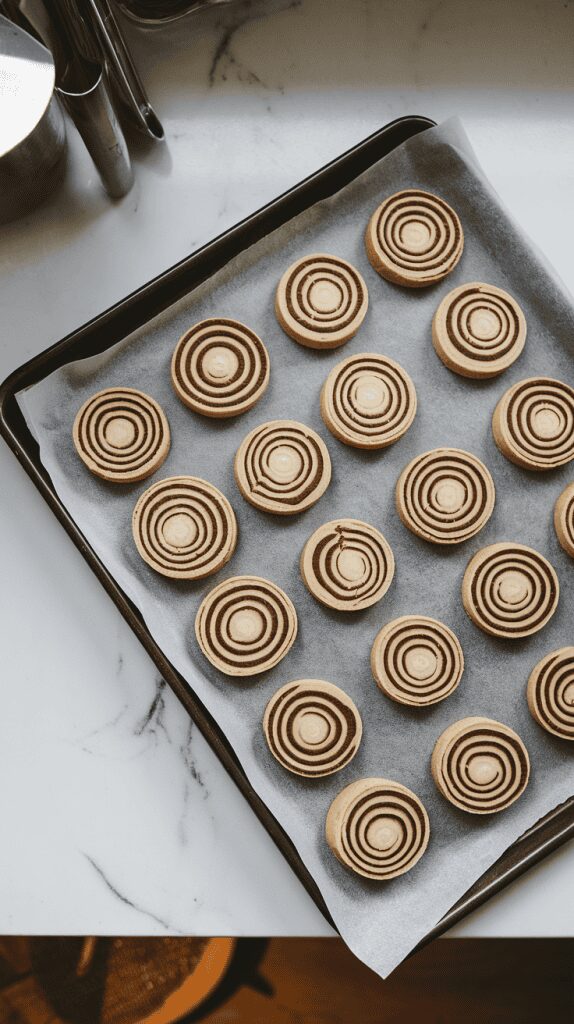 a baking sheet with neatly arranged raw cookie slices, each showing a perfect coffee-vanilla swirl