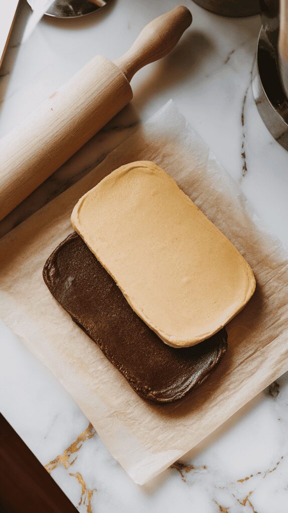 two cookie dough sheets—one light vanilla, one dark coffee—layered on top of each other on parchment paper